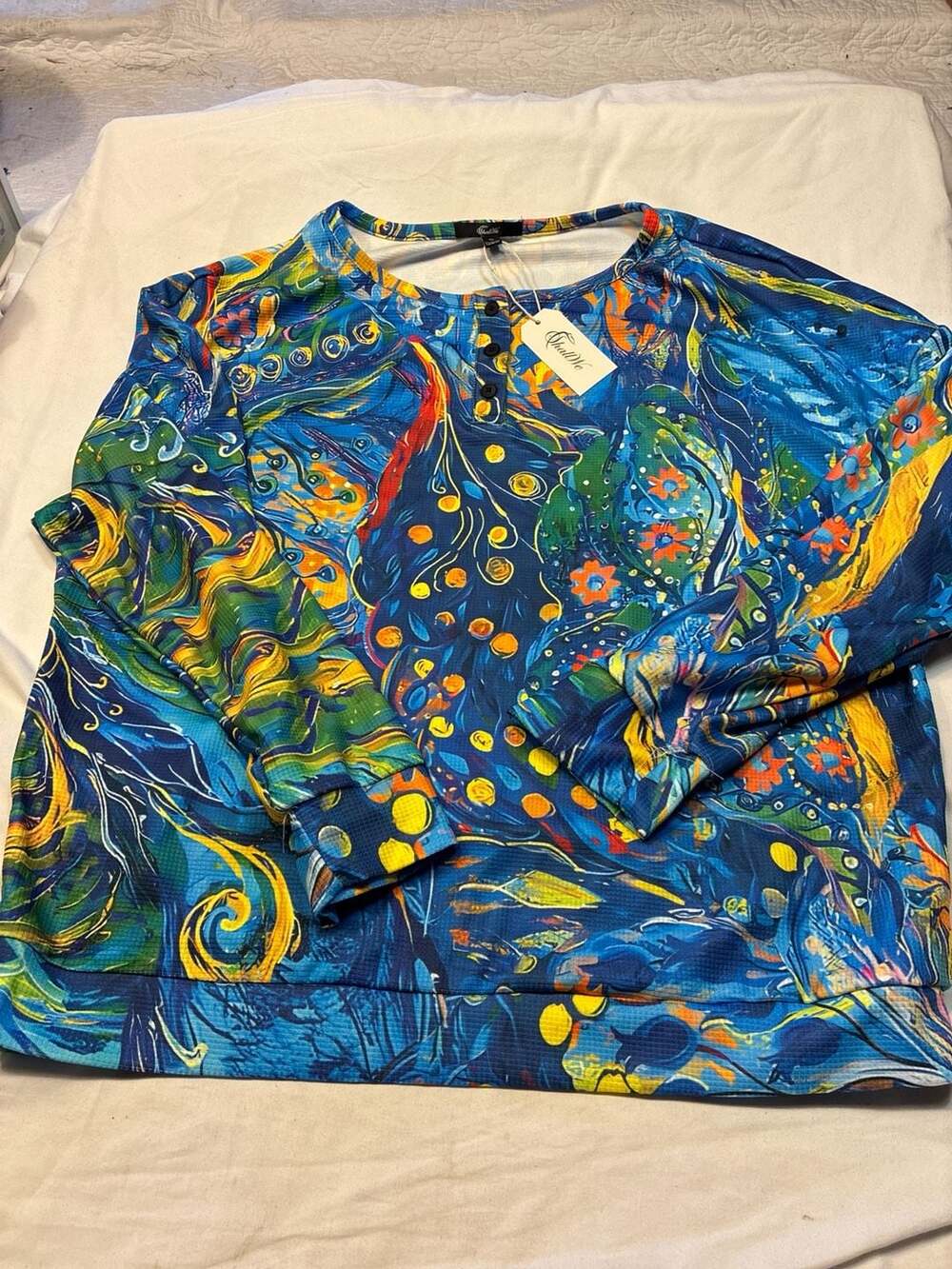 NWT ShallWe Women's XL Abstract Floral Print Henley Long Sleeve Pullover